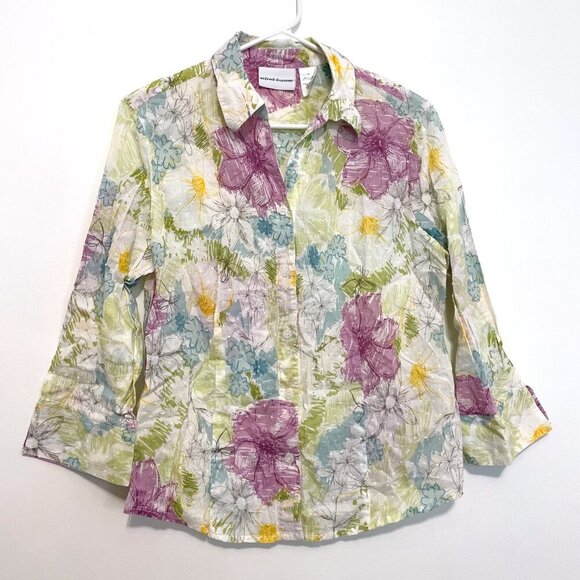 ALFRED DUNNER White Green Purple Floral Swiss Dot 3/4 Sleeve Cotton Button Down - Picture 1 of 13
